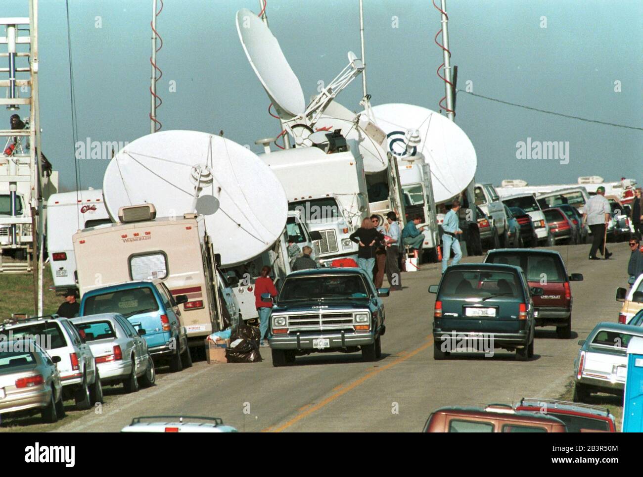 Waco Texas USA, March 1993: Media compound dubbed 'Satellite City' outside Waco during the Branch Davidian standoff. ©Bob Daemmrich Stock Photo