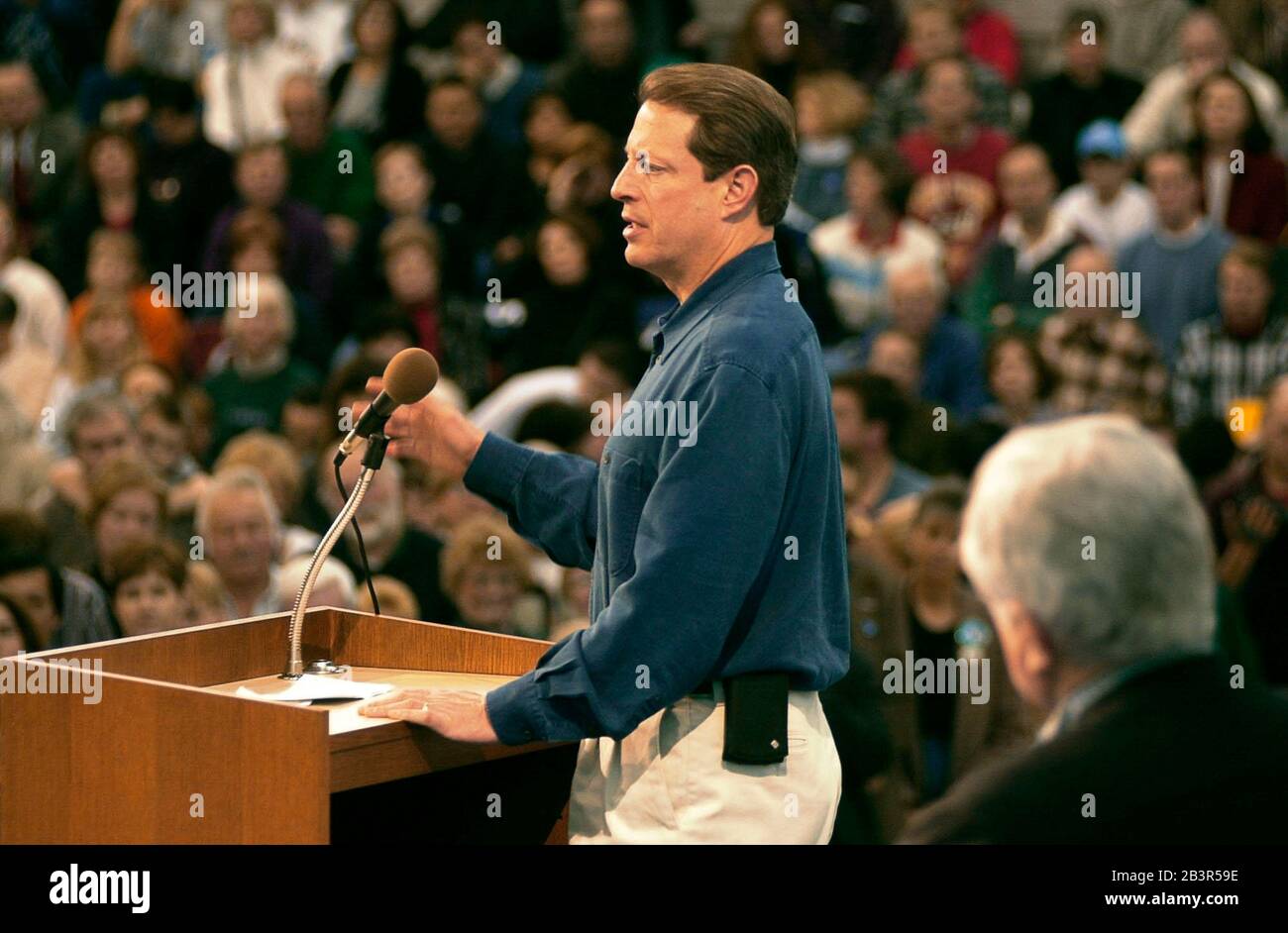 Cedar Falls, Iowa USA, January 22, 2000: Presidential candidate Al Gore talks to a crowd at the University of Northern Iowa while Senator Ted Kennedy watches from stage.  ©Bob Daemmrich Stock Photo