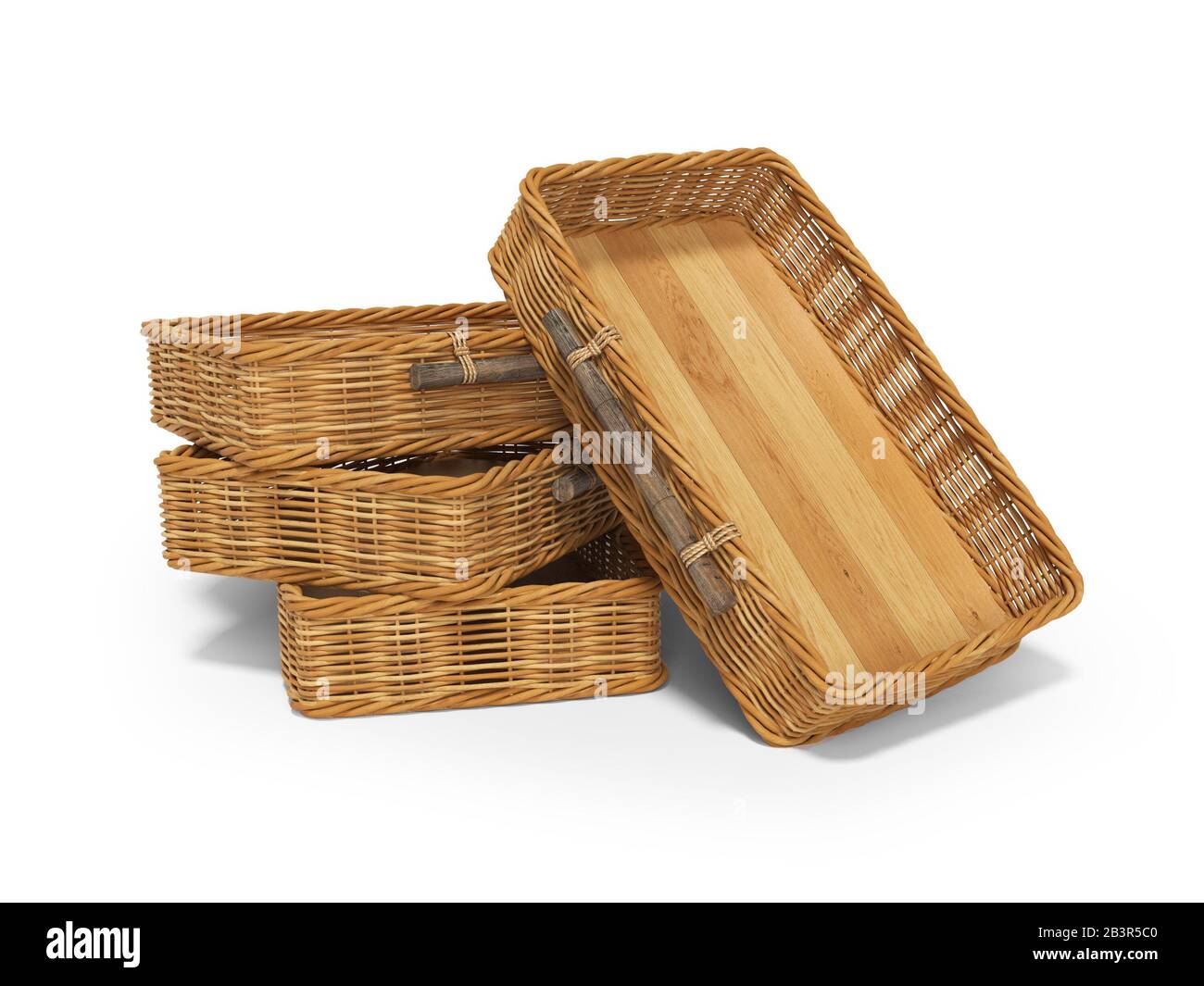 3d rendering of group of wicker wooden baskets on white background with ...