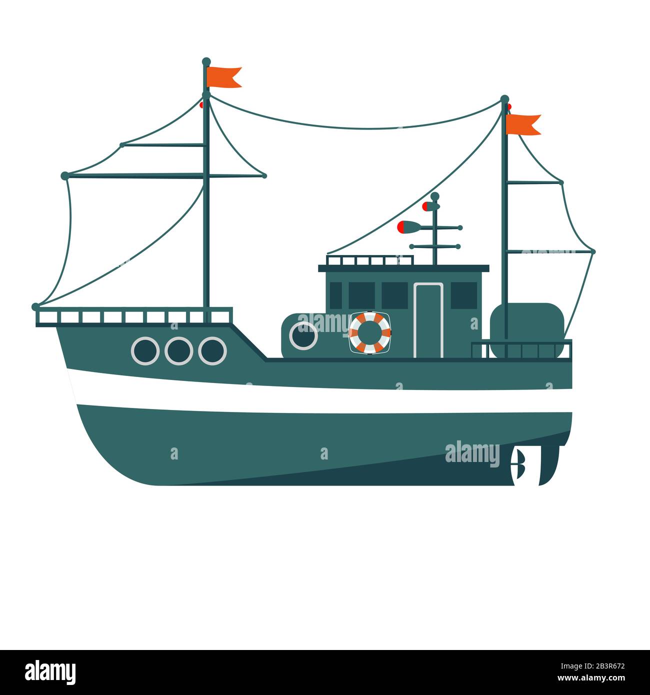 Commercial fishing boat side view . Sea or ocean transportation, marine ship for industrial seafood production Stock Vector