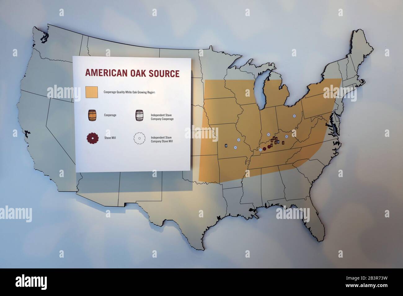 Map of American Oak Source for whiskey barrel display in The Frazier History Museum.Louisville.Kentucky.USA Stock Photo