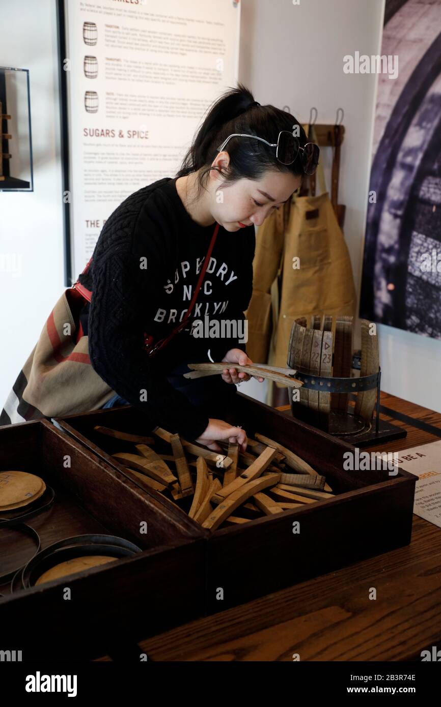 A female visitor learning to make a Bourbon Whiskey barrel model in the Frazier History Museum.Louisville.Kentucky.USA Stock Photo