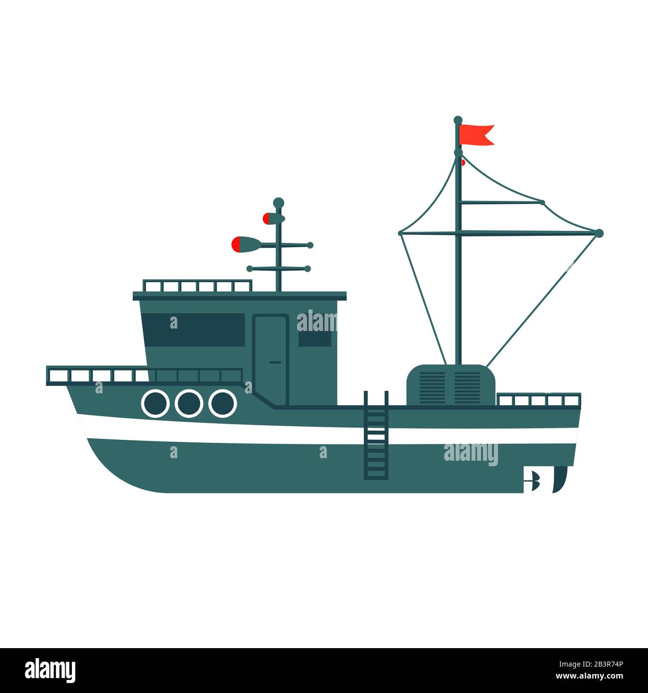 Commercial fishing boat side view . Sea or ocean transportation, marine ship for industrial seafood production Stock Vector