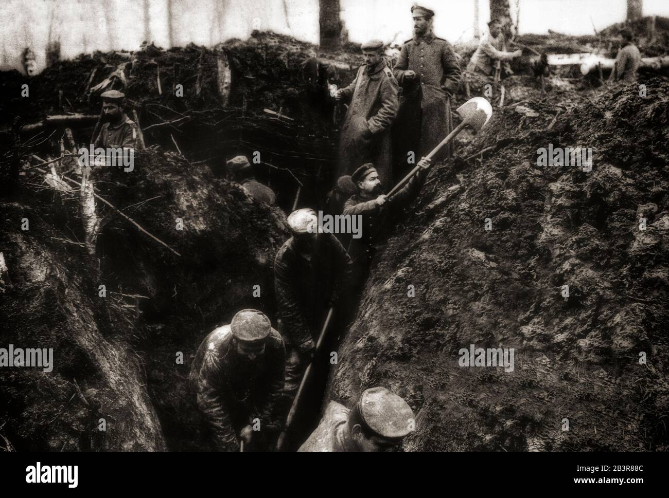 Troops of the German 5th Army digging trenches in the Argonne Region of France in 1915. Stock Photo