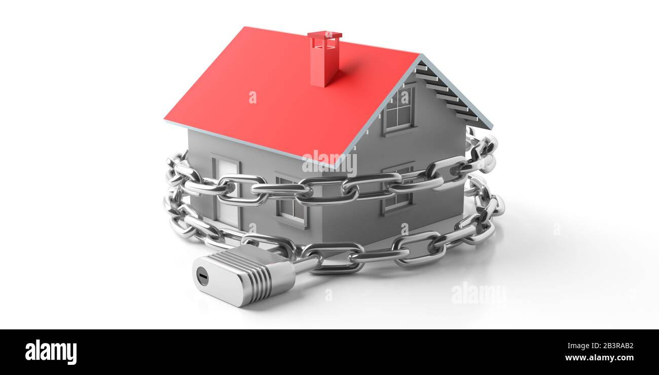 House security system, property privacy concept. House model with red roof locked and secured with chain and padlock isolated on white background. 3d Stock Photo