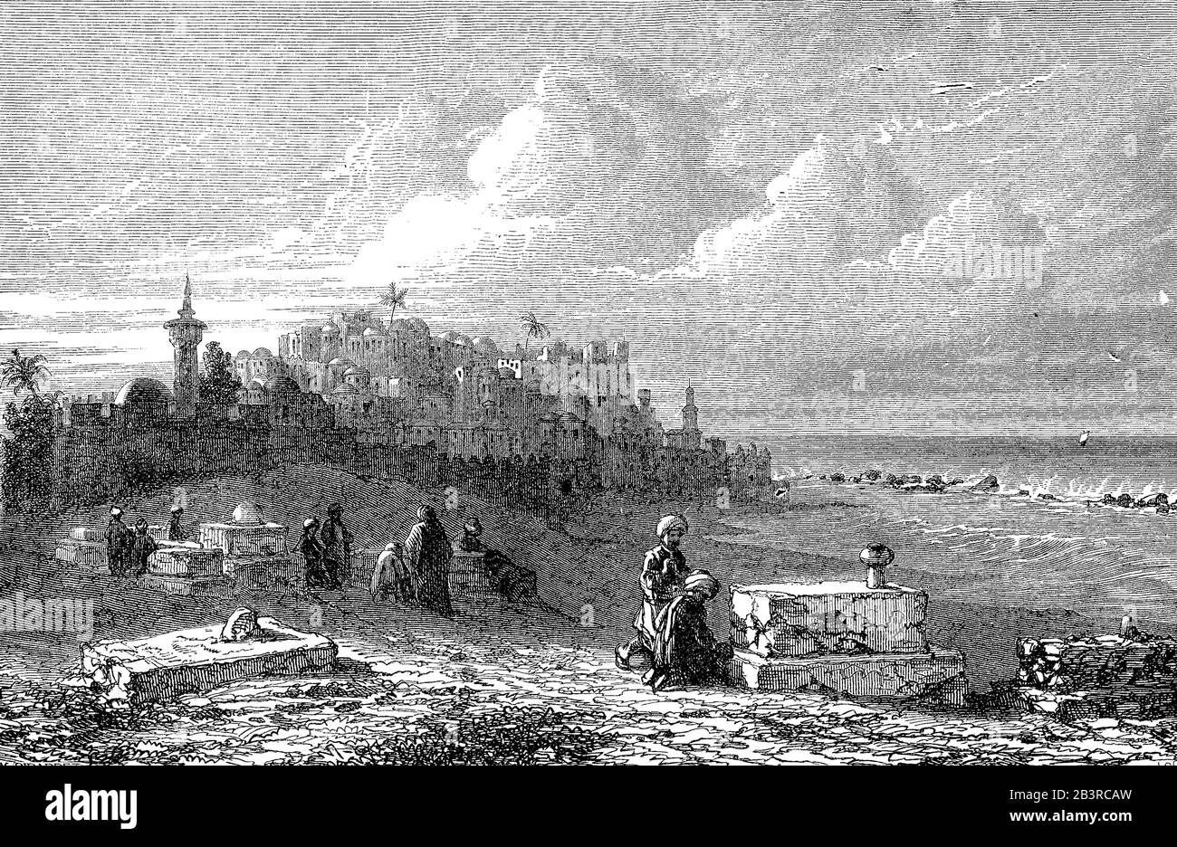 View of Jaffa ancient port city in Israel, engraving from a painting of Karl Girardet, Swiss-French history painter Stock Photo