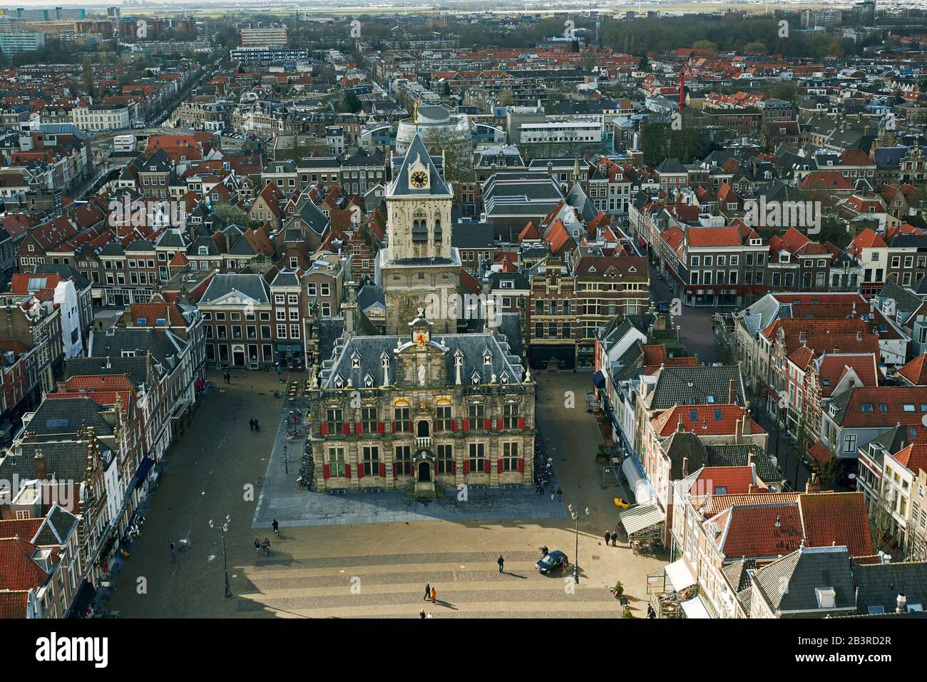 Elevated view of the renaissance Town Hall in the historic market town of Delft, Holland Stock Photo