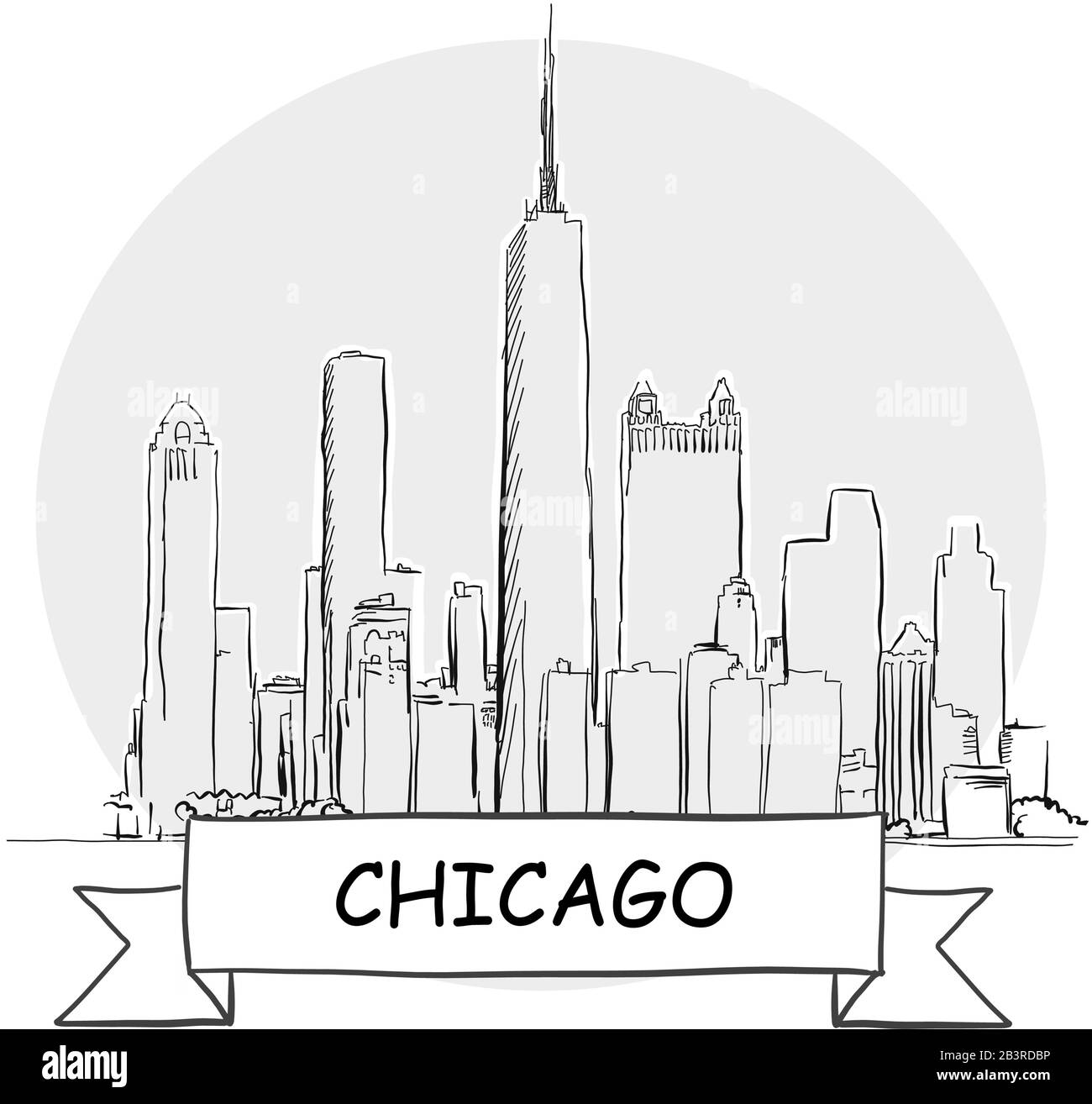 Chicago Hand-Drawn Urban Vector Sign. Black Line Art Illustration with Ribbon and Title. Stock Vector