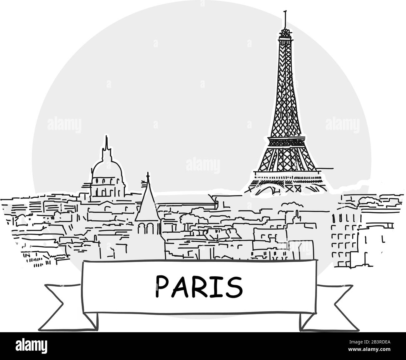 Paris Hand-Drawn Urban Vector Sign. Black Line Art Illustration with Ribbon and Title. Stock Vector