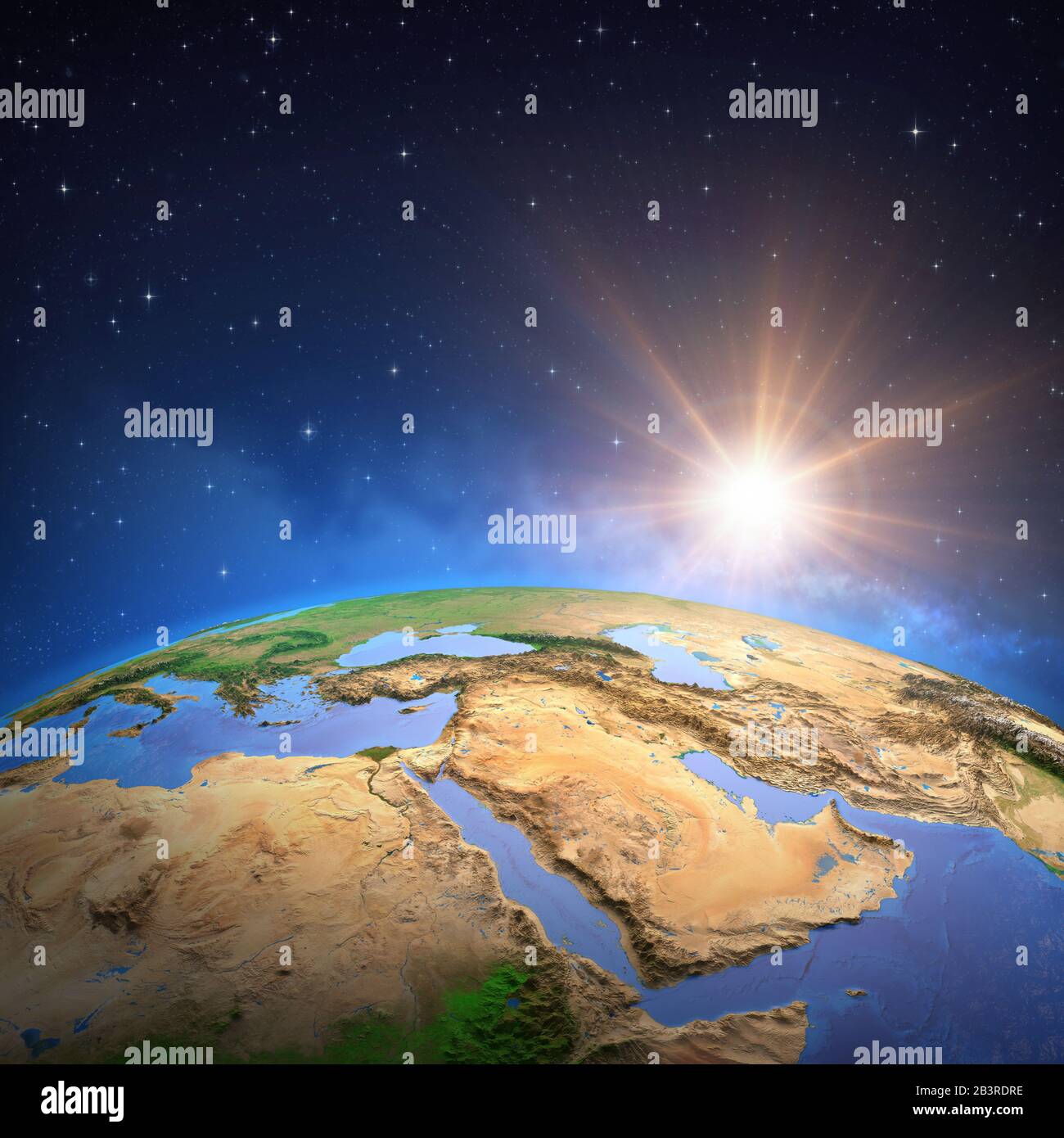 Surface of the Planet Earth viewed from a satellite, focused on Middle East, sun rising on the horizon. Gulf region map. 3D illustration - Elements of Stock Photo