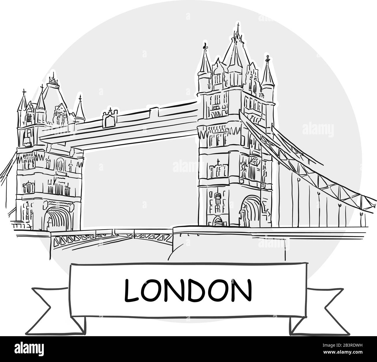 London Hand-Drawn Urban Vector Sign. Black Line Art Illustration with Ribbon and Title. Stock Vector