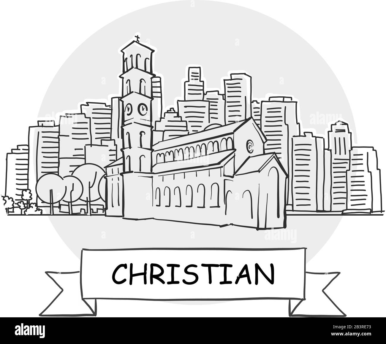 Christian Hand-Drawn Urban Vector Sign. Black Line Art Illustration with Ribbon and Title. Stock Vector