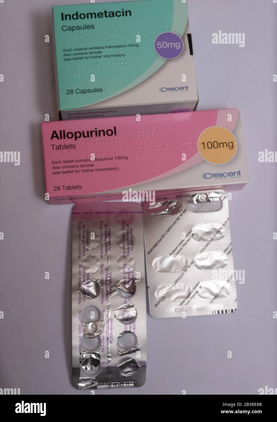Gout medication: Allopurional to reduce uric acid production and Indometacin a nonsteroidal  anti-inflammatory (NSAID) medication Stock Photo