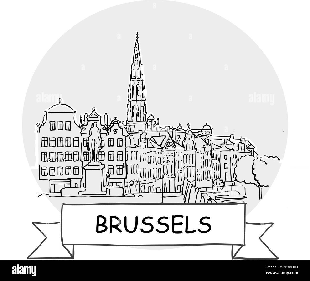 Brussels Hand-Drawn Urban Vector Sign. Black Line Art Illustration with Ribbon and Title. Stock Vector