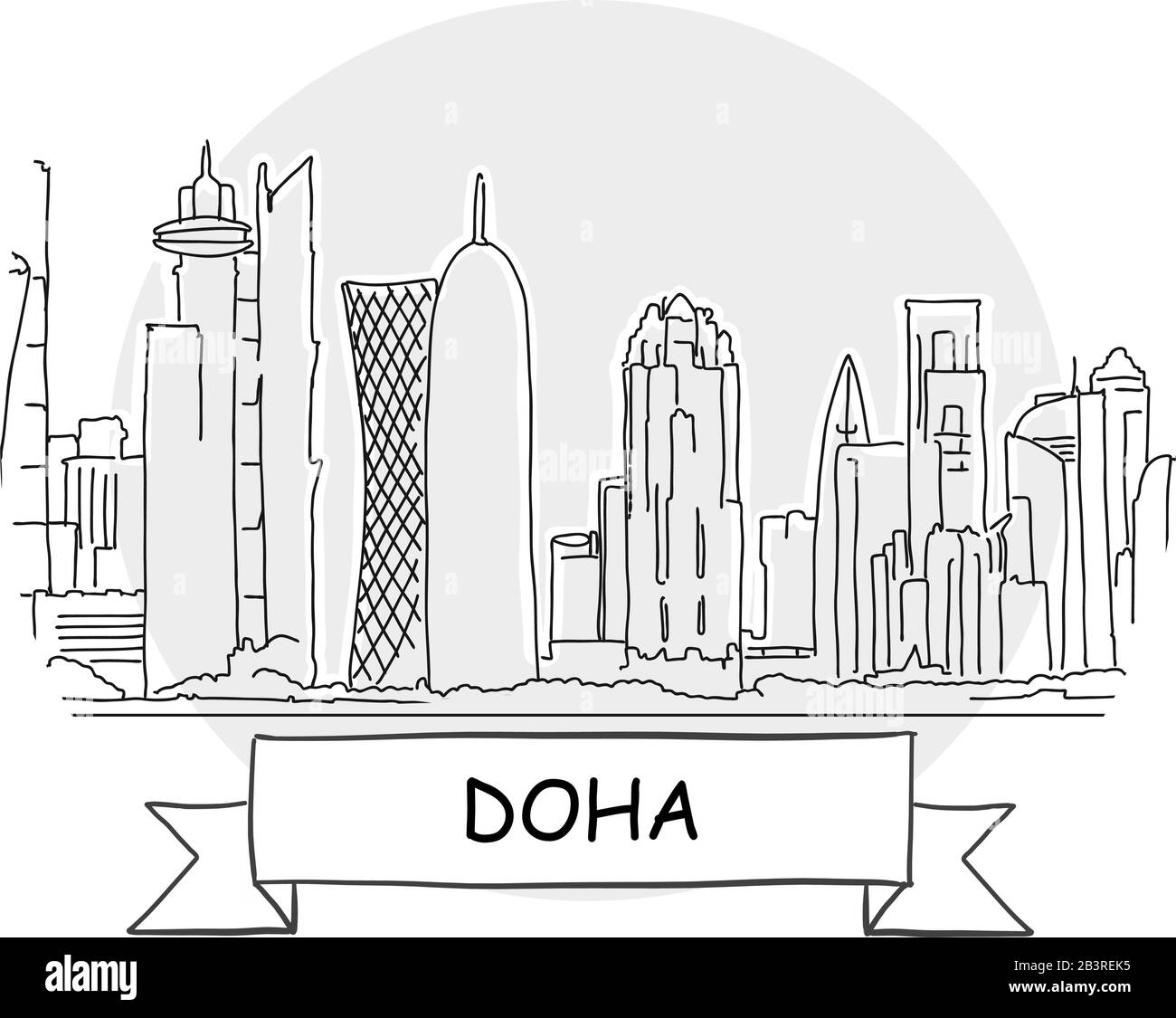 Doha Hand-Drawn Urban Vector Sign. Black Line Art Illustration with Ribbon and Title. Stock Vector