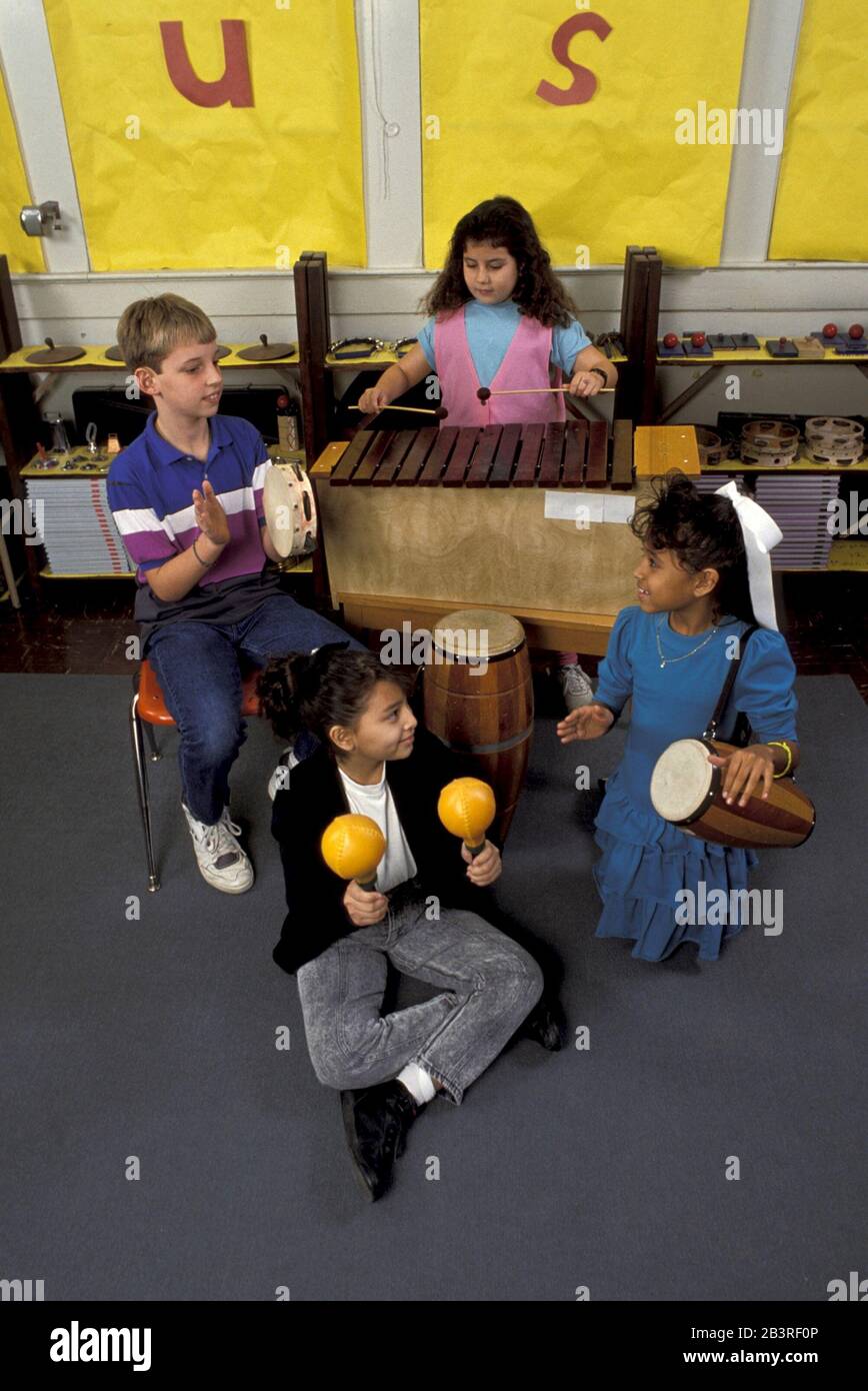 Austin Texas USA Fourth graders playing percussion instruments in