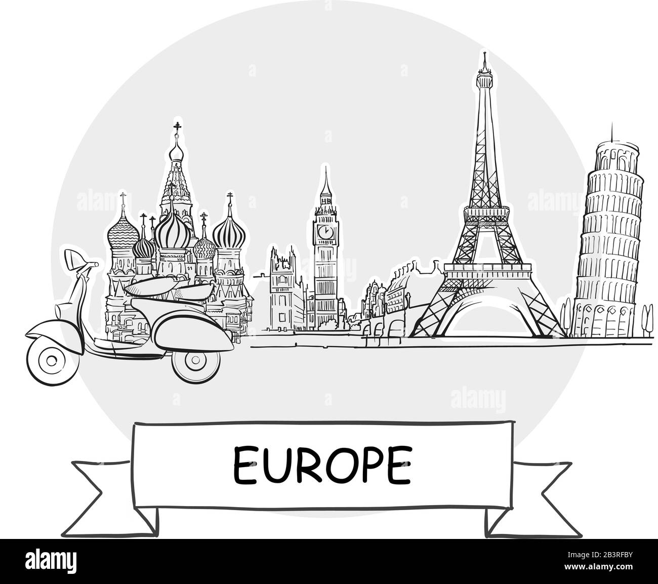 Europe Hand-Drawn Urban Vector Sign. Black Line Art Illustration with Ribbon and Title. Stock Vector