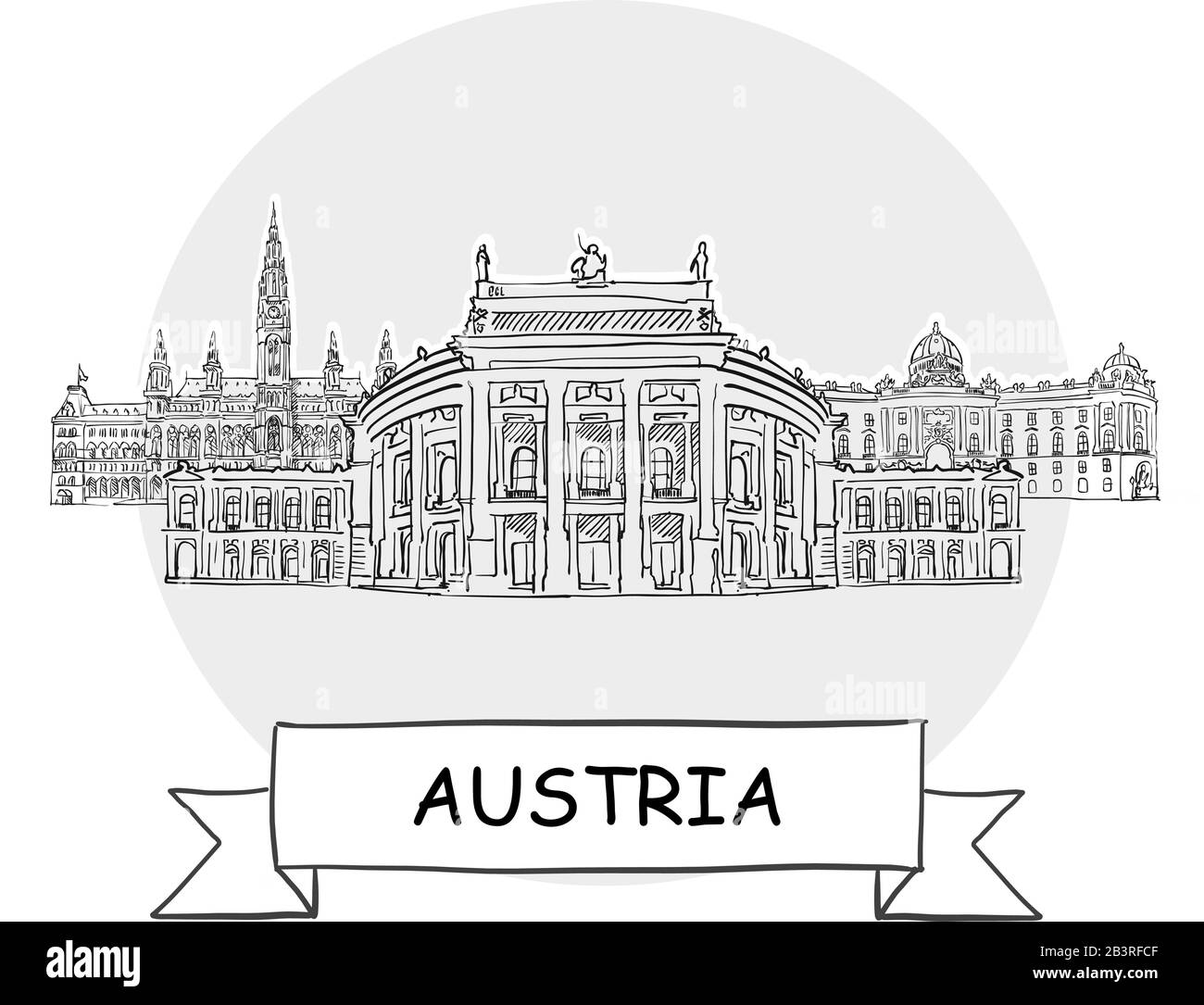 Austria Hand-Drawn Urban Vector Sign. Black Line Art Illustration with Ribbon and Title. Stock Vector