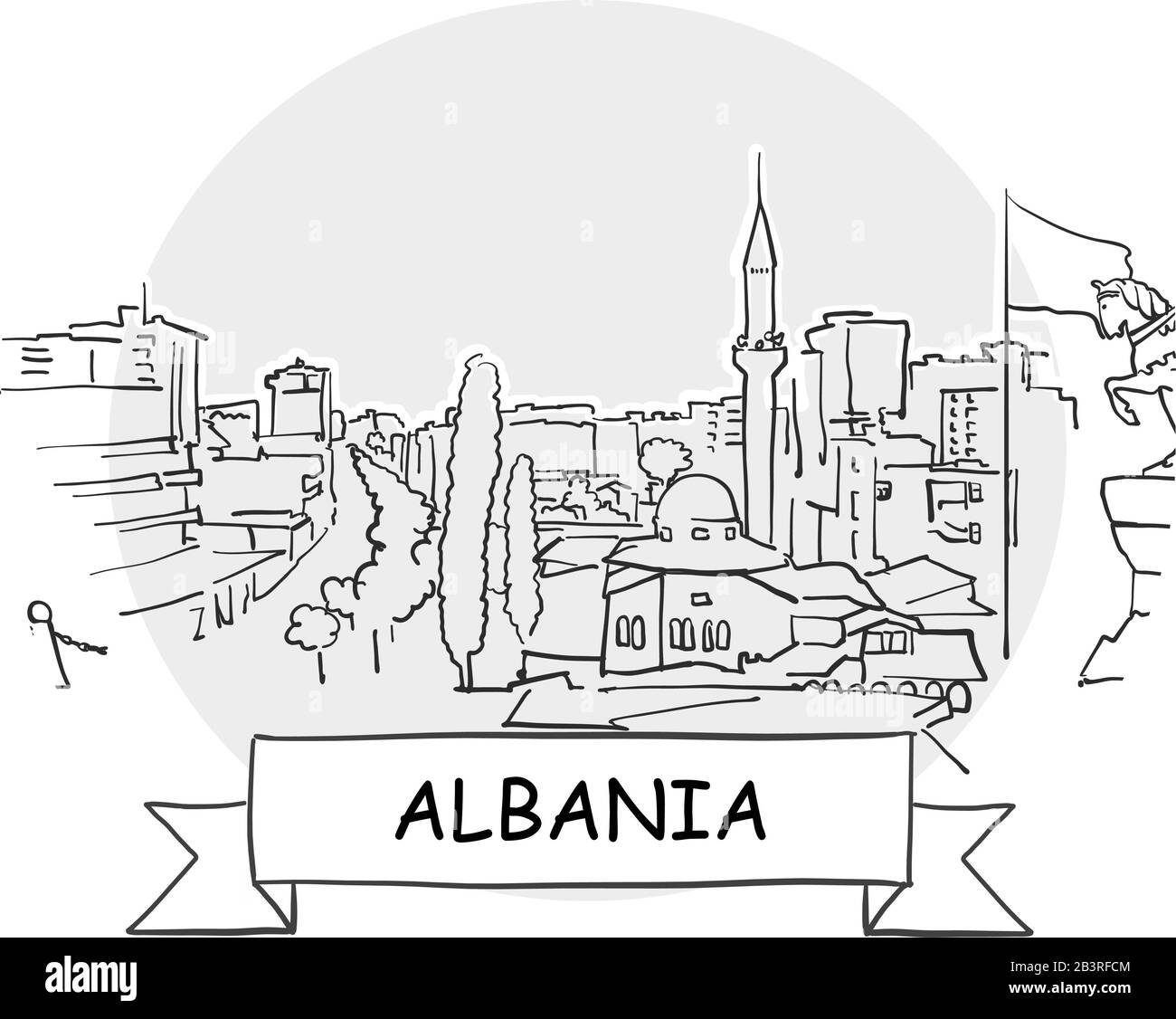 Albania Hand-Drawn Urban Vector Sign. Black Line Art Illustration with Ribbon and Title. Stock Vector