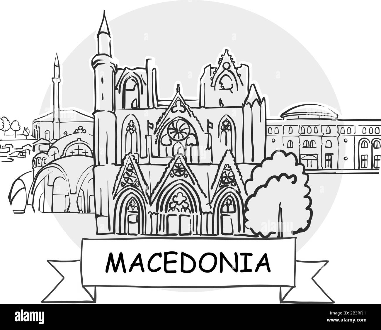 Macedonia Hand-Drawn Urban Vector Sign. Black Line Art Illustration with Ribbon and Title. Stock Vector