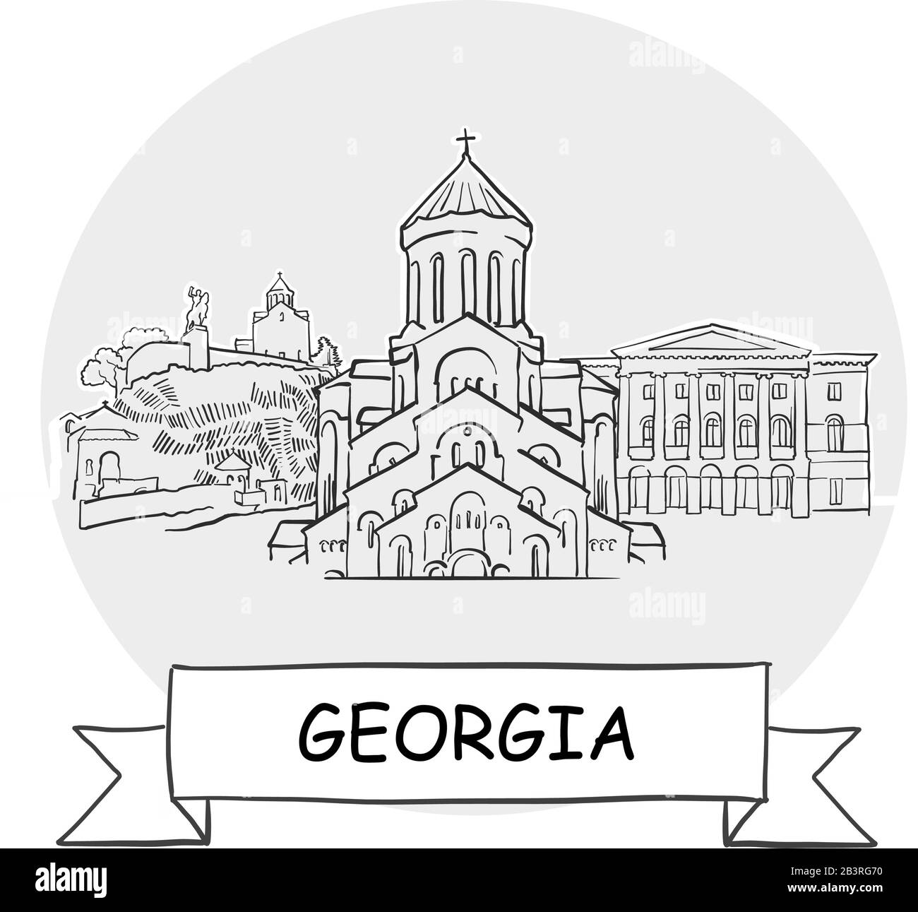 Georgia Hand-Drawn Urban Vector Sign. Black Line Art Illustration with Ribbon and Title. Stock Vector