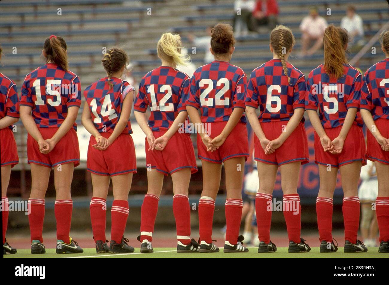 Austin, Texas USA, circa 1993 Girls high school soccer team lines up