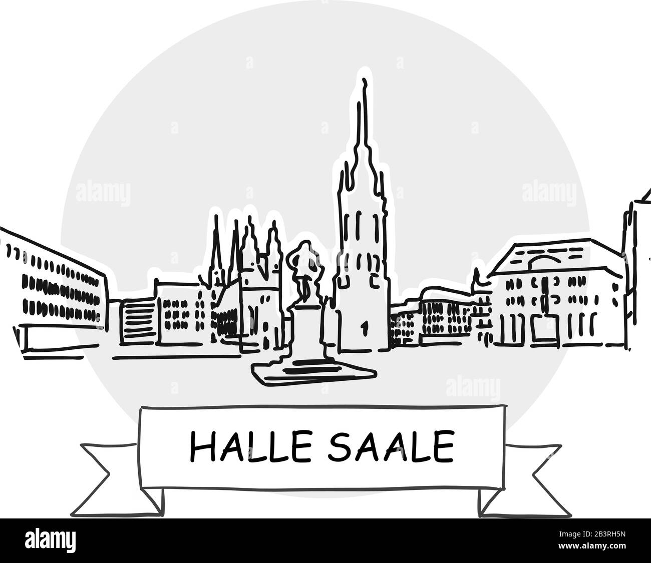 Halle S. Hand-Drawn Urban Vector Sign. Black Line Art Illustration with Ribbon and Title. Stock Vector