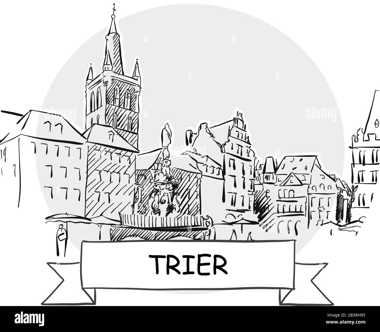 Trier Hand-Drawn Urban Vector Sign. Black Line Art Illustration with Ribbon and Title. Stock Vector
