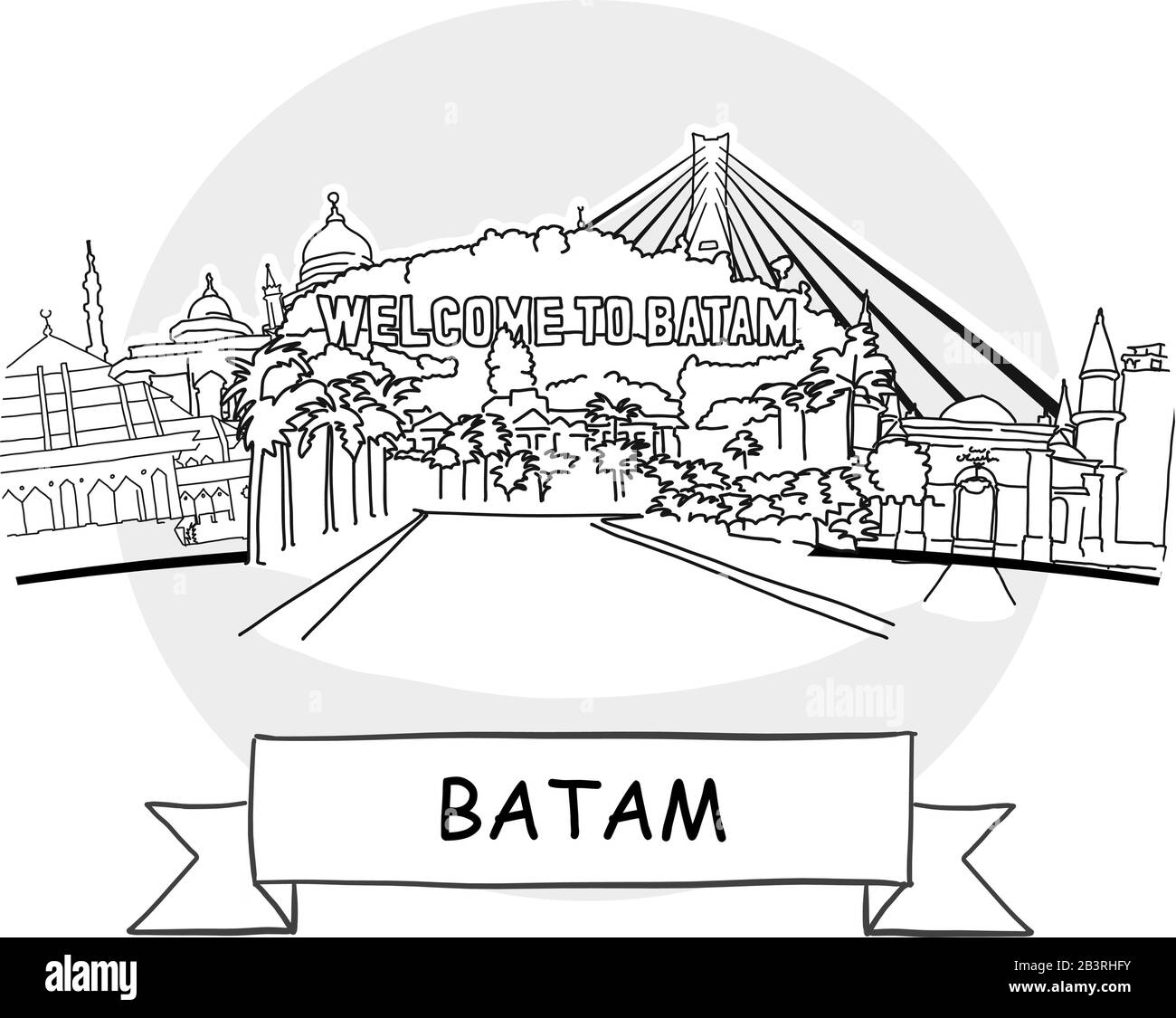 Batam Hand-Drawn Urban Vector Sign. Black Line Art Illustration with Ribbon and Title. Stock Vector