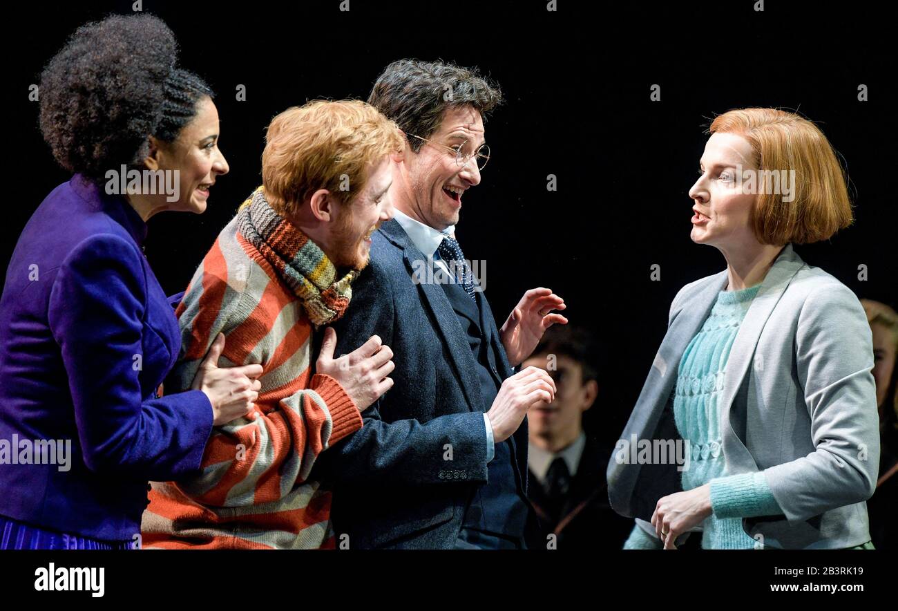 Hamburg, Germany. 05th Mar, 2020. Jilian Anthony (as Hermine Granger, l-r),  Sebastian Witt (as Ron Weasly), Markus Schöttl (as Harry Potter) and Sarah  Schütz (as Ginny Potter) play a scene at the