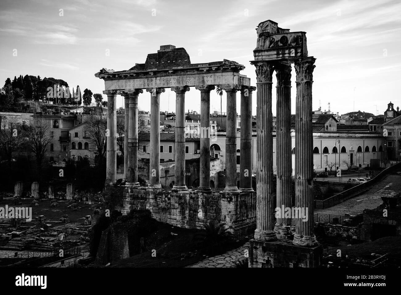 Rome, Italy, Europe: image of the Temple of Saturn from via dell'Arco di Settimio Stock Photo