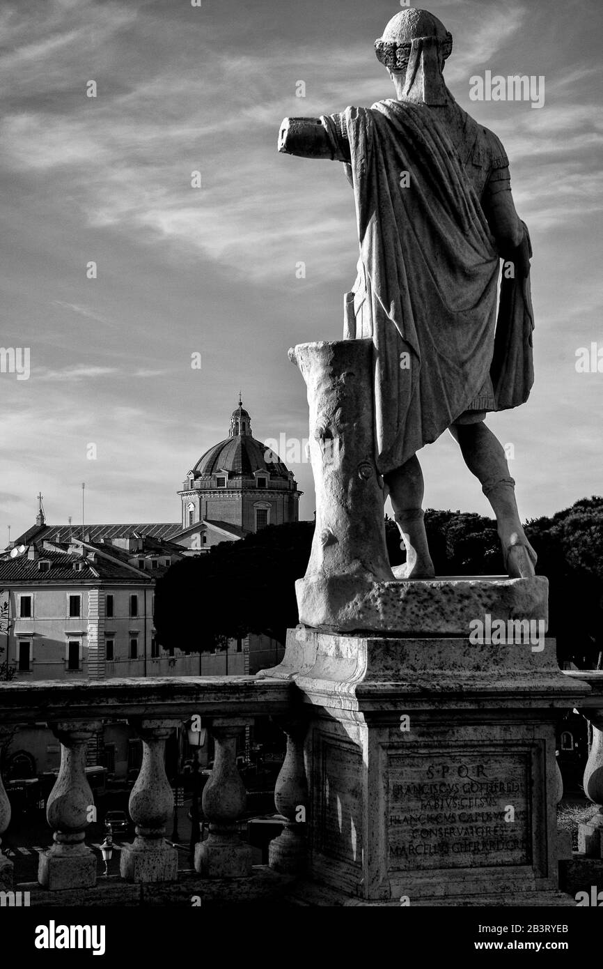 Rome, Italy, Europe: image from the Caffarelli terrace of the statue of Fabius Ceisus of shoulders and the dome of the Oblate monastery on Stock Photo