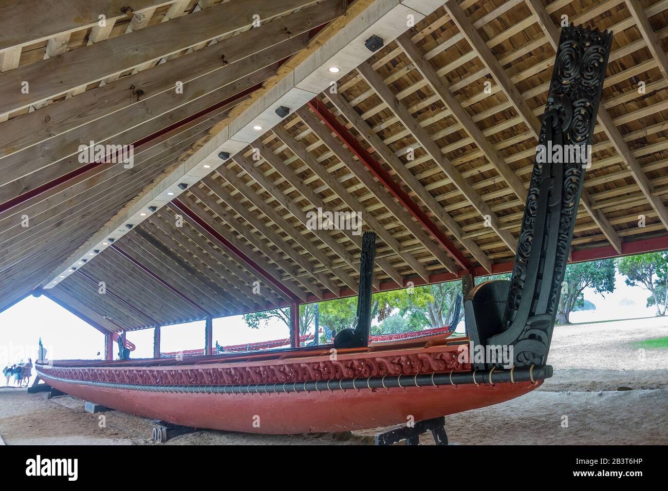 New Zealand, North Island, Bay of Islands, Waitangi, Haka, Maori Ceremonial war canoe Stock Photo