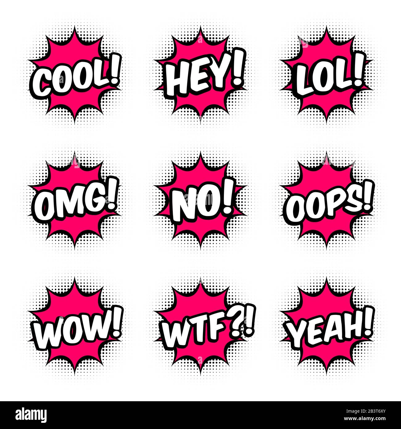 9 Comic style messages in red speech bubbles. Set of stickers for banner,  web, poster. Pop art balloon on halftone background. White background Stock  Vector Image & Art - Alamy
