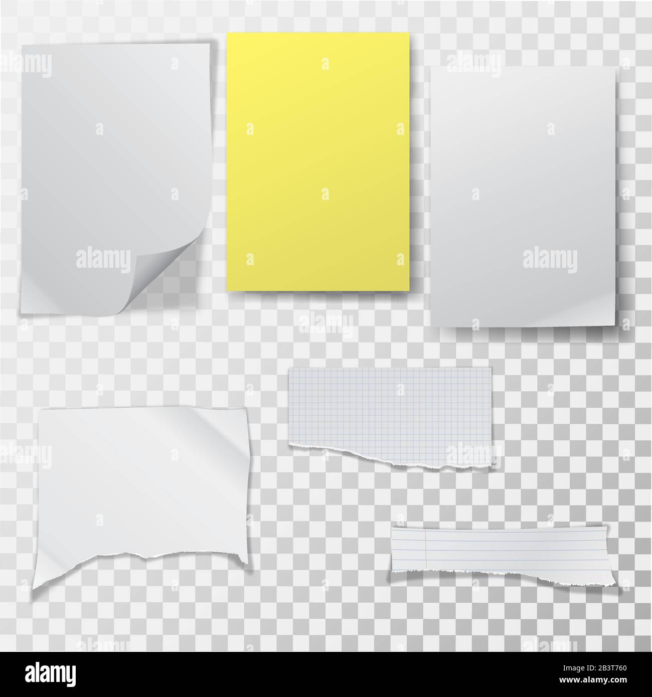 A set of clean sheets of paper on the transparent isolated background. Empty templates with a realistic shadow. The crumpled and broken-off forms of s Stock Vector