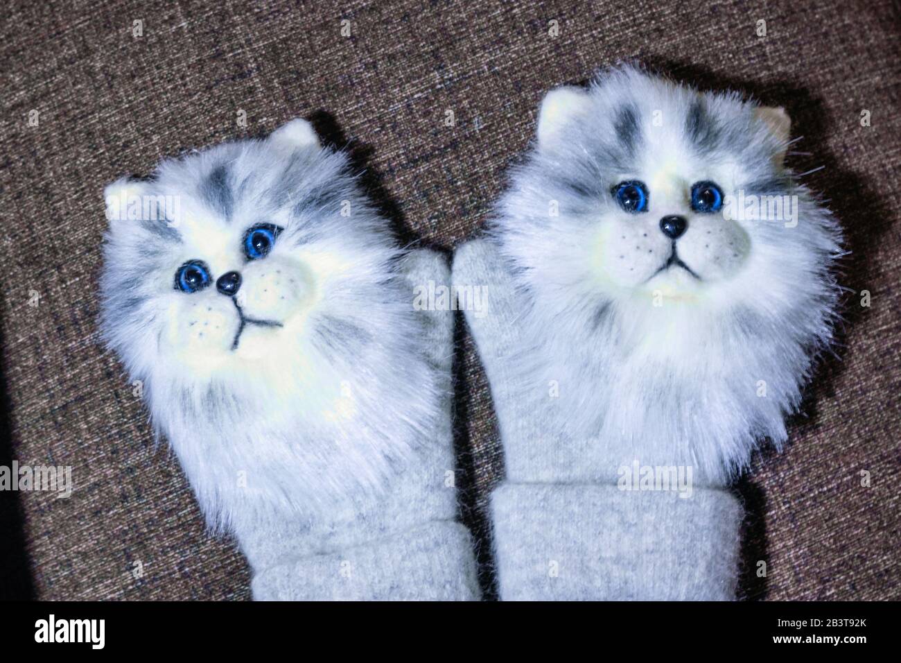 Mittens with cute cat faces. Handmade. Made from natural wool and faux