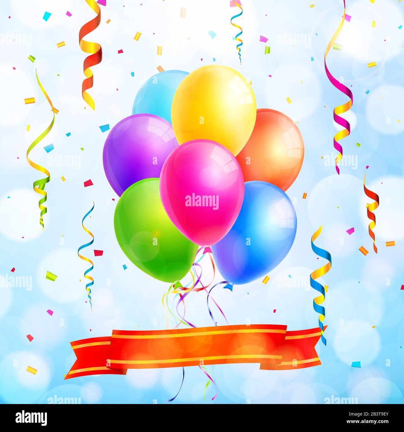 Celebration background with colorful balloons, ribbon, streamers and confetti. Vector illustration Stock Vector