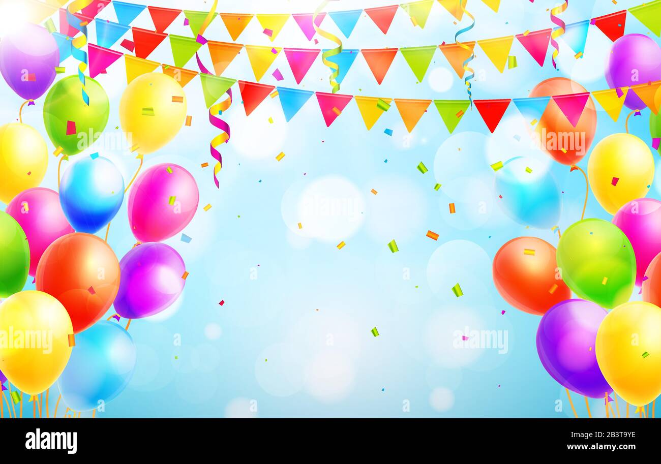 Colorful balloons, confetti, streamers and party flags on blue background  with bokeh. Vector illustration Stock Vector Image & Art - Alamy