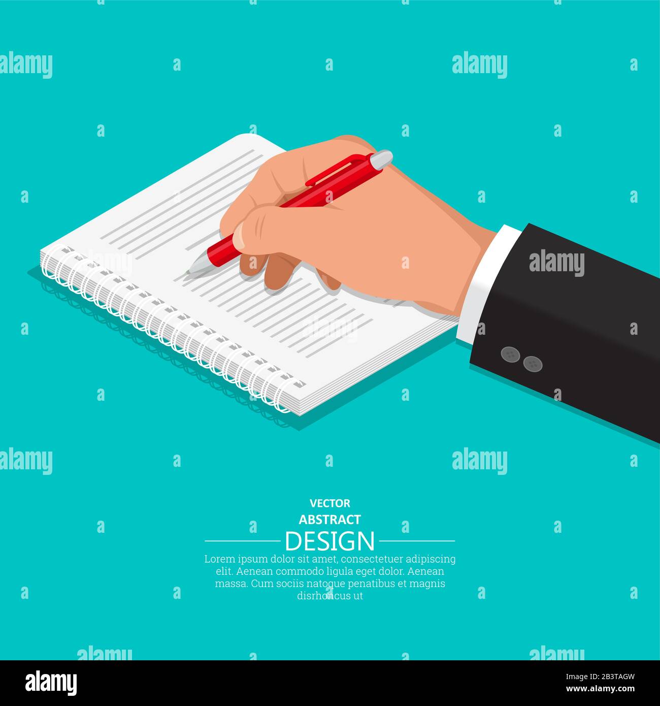 The hand with a pen writes on a notebook.3D style. A vector illustration in an isometry.Flat design. Business concept.Design elements. Stock Vector