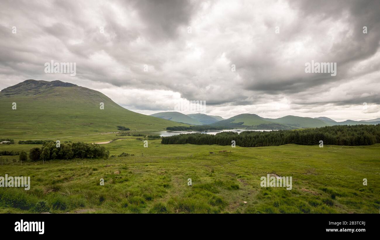 Loch Tulla, Scottish Highlands. A view of the landscape and a lake in