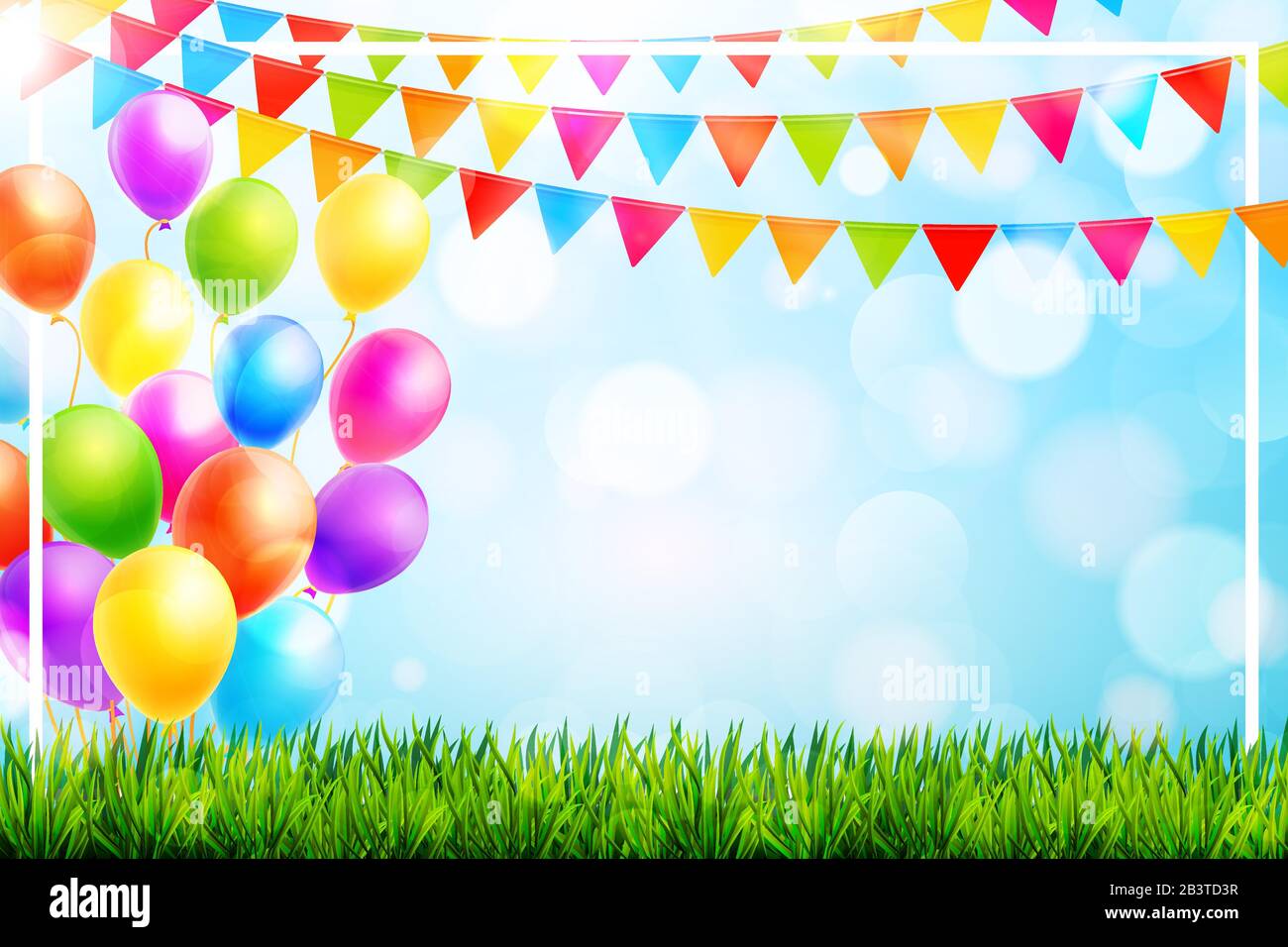 Colorful balloons and party flags on blue background with green grass and  bokeh. Vector illustration Stock Vector Image & Art - Alamy