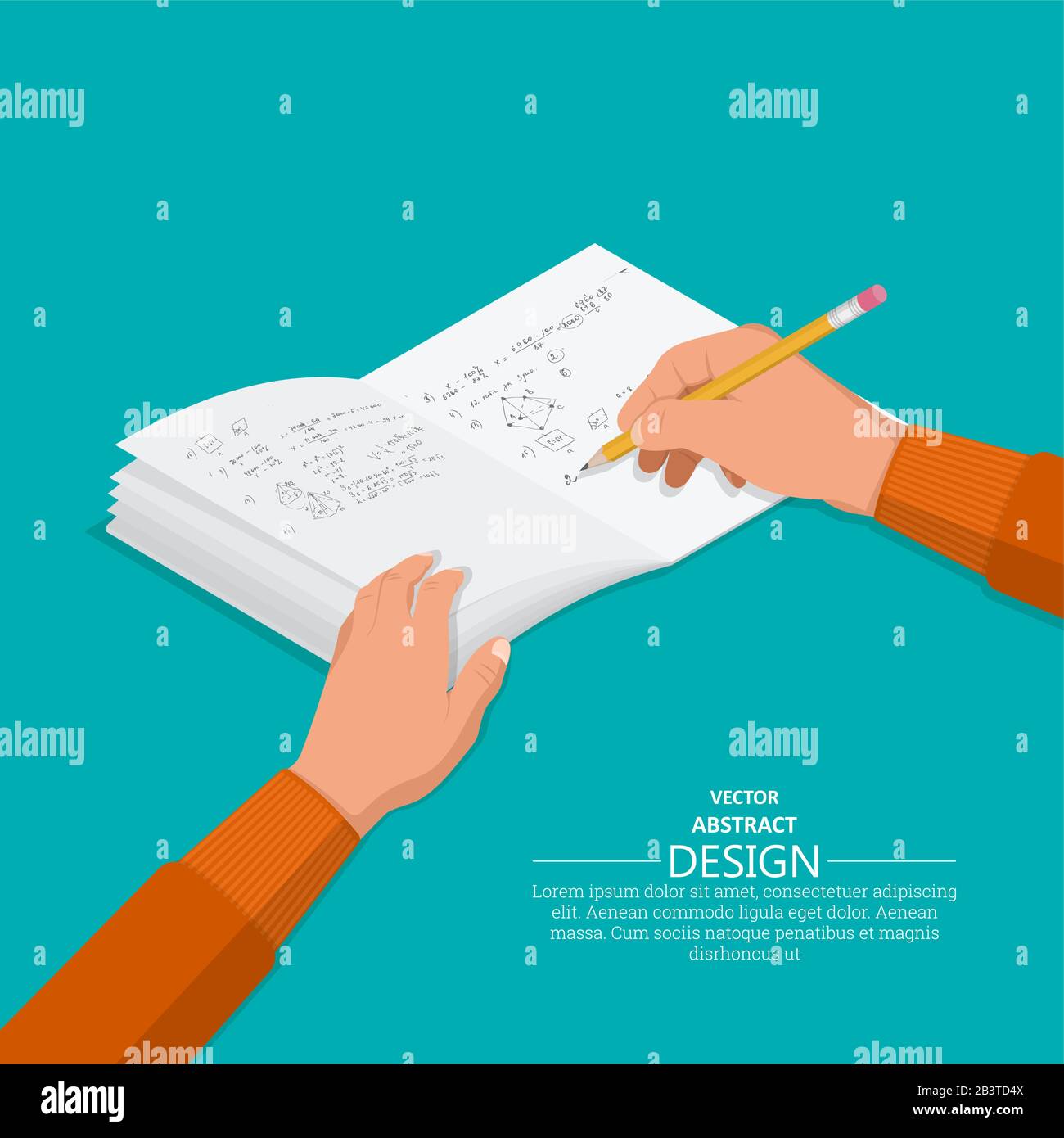 The hand with a pencil writes to notebooks.3D style. Flat design. A vector illustration in an isometric projection.Concept of training. Stock Vector