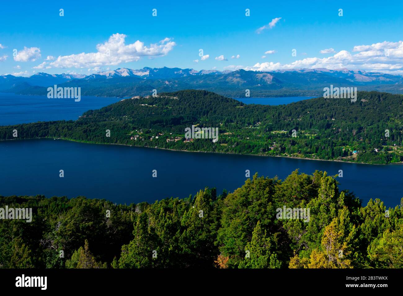 Aerial View Of Lake Lake Nahuel Huapi With The Full Moon On The Horizon