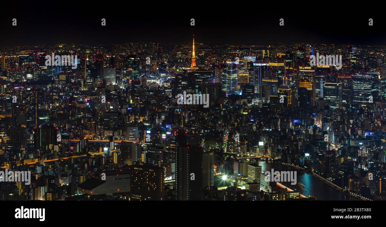 A panorama picture of the Tokyo cityscape as seen from above, centered around the Tokyo Tower, at night. Stock Photo