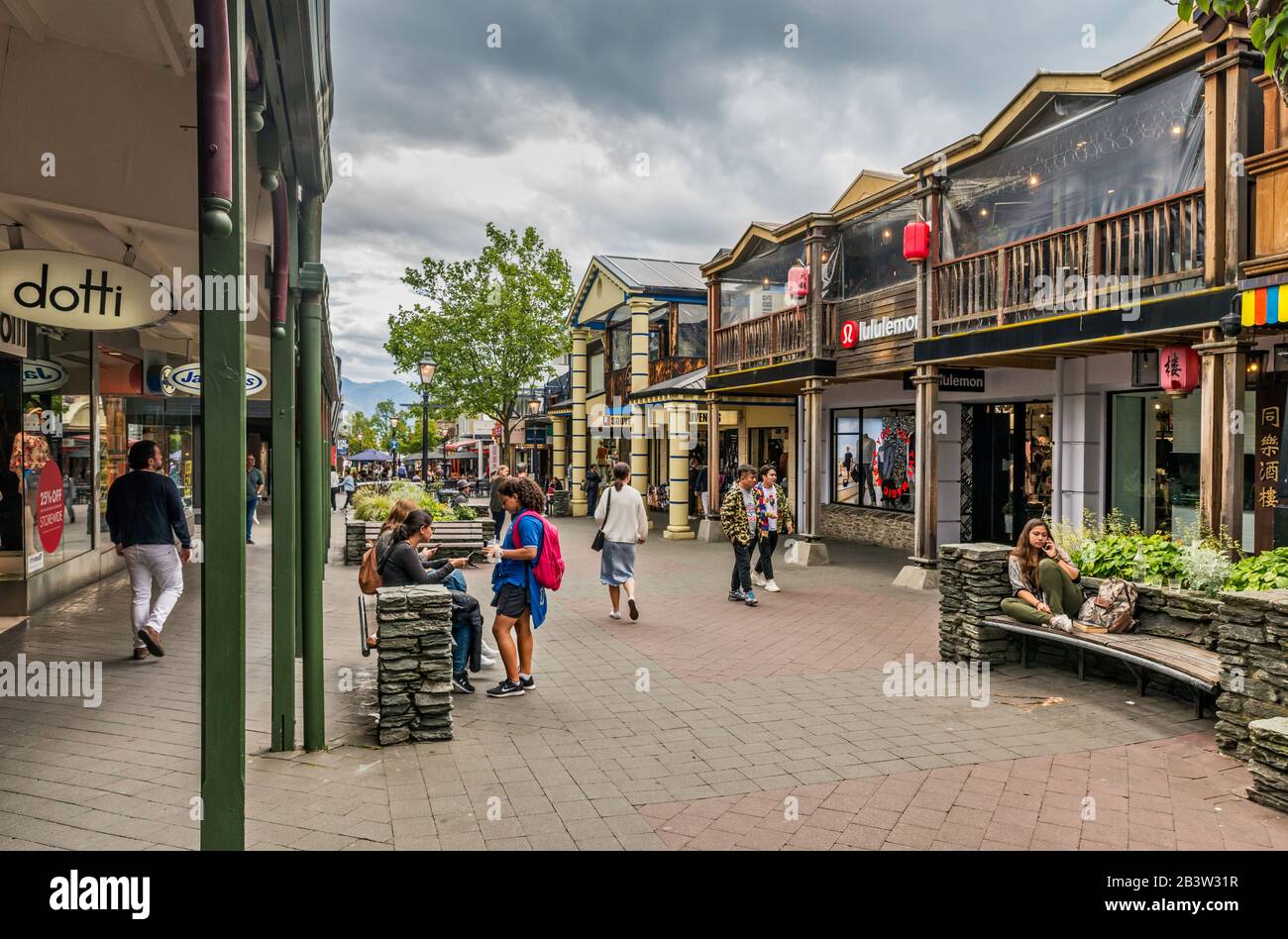 Shops at The Mall in Queenstown, Otago Region, South Island, New Zealand Stock Photo