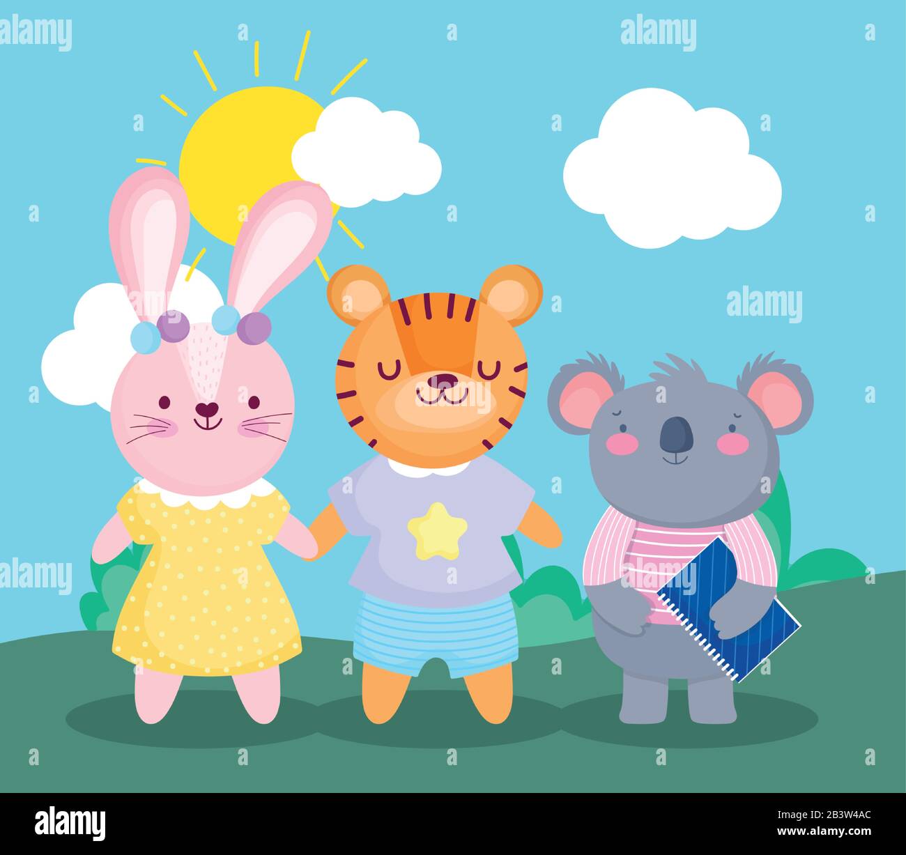 back to school, koala with book and tiger rabbit cartoon vector ...