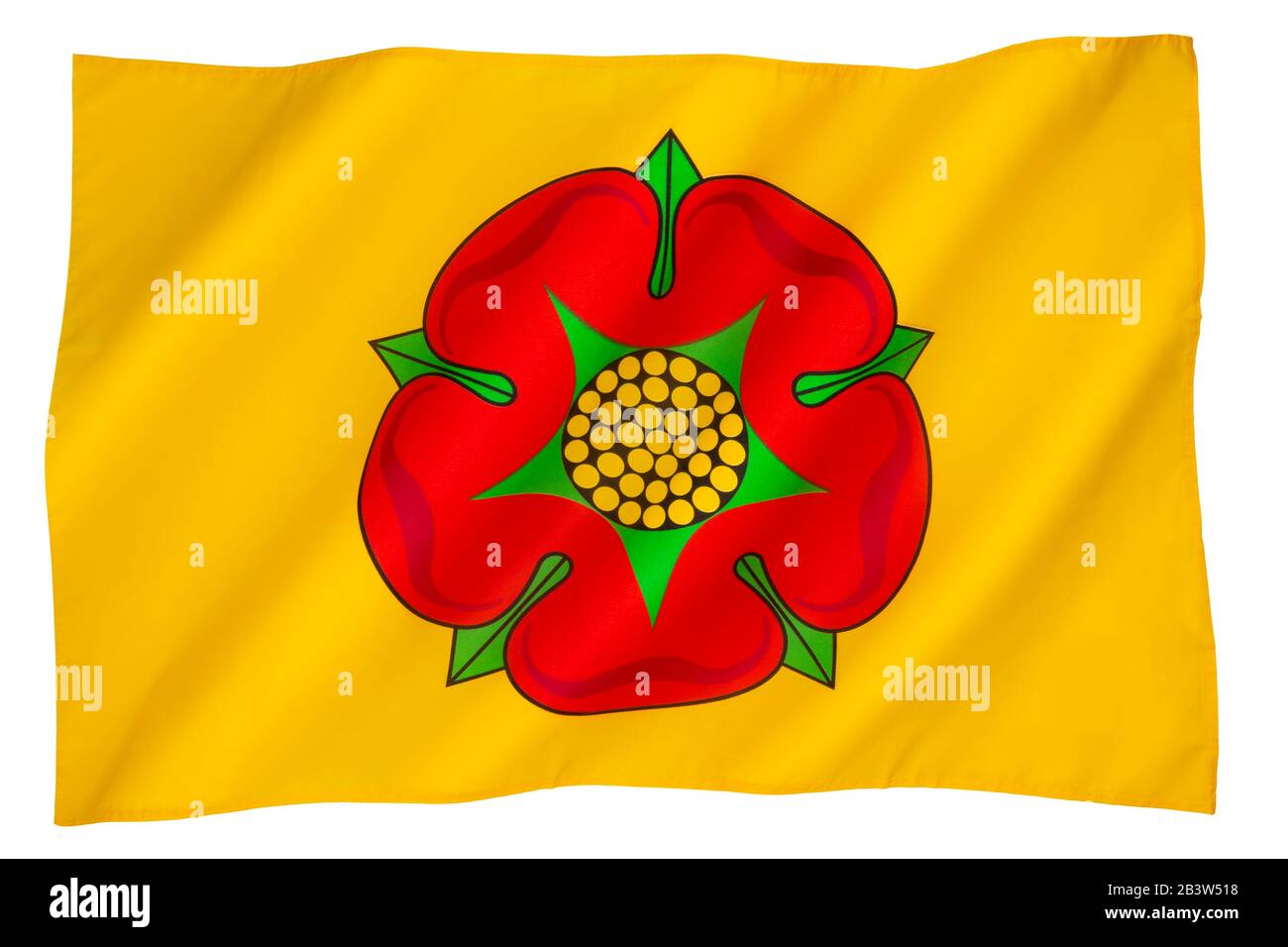 The flag of the English county of Lancashire - United Kingdom. The Red Rose of Lancaster is a symbol for the House of Lancaster, Stock Photo