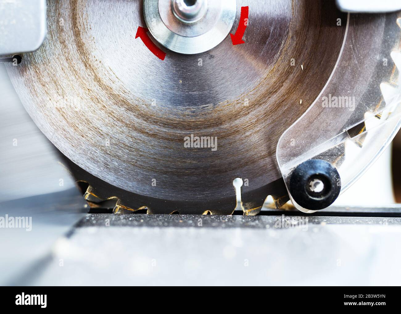 Circular saw blade with rotation red marks closeup Stock Photo Alamy