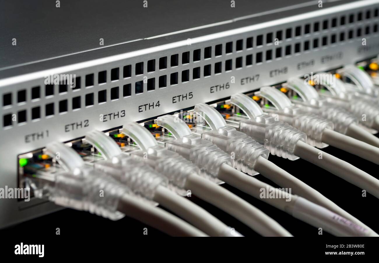 White network cables connected to a switch. Selective focus Stock Photo