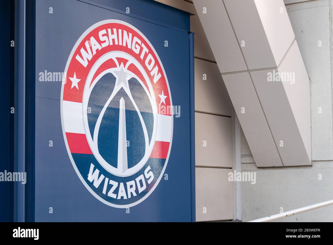 The Washington Wizards, NBA team logo on the side of their home stadium Capital One Arena in downtown Washington D.C. Stock Photo